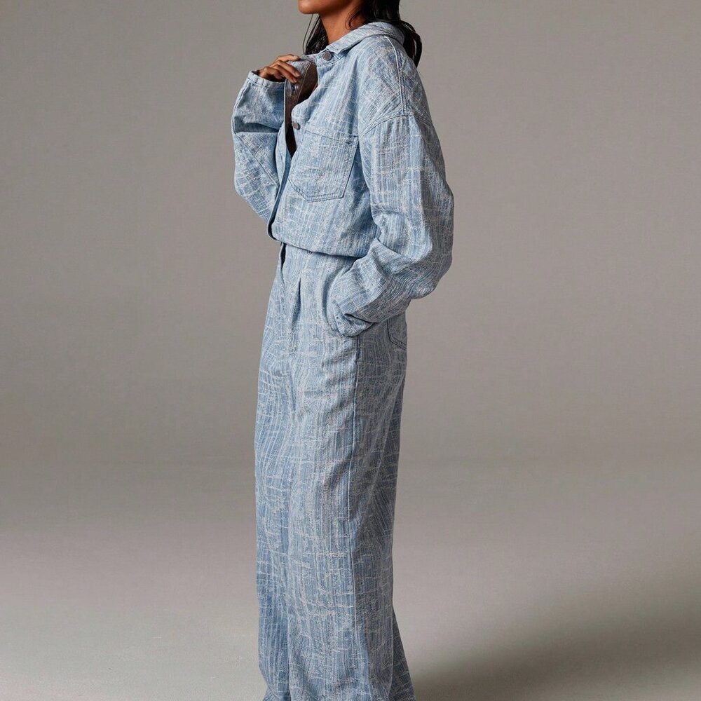 Blue Casual Women's Chambray Drop Shoulder Long Sleeve Wide Leg Denim Jumpsuit - Picture 4 of 5